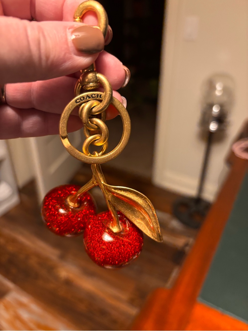 Coach Gold-Tone Red Glitter Cherry Key Charm